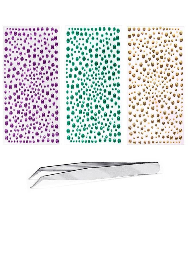 Mardi Gras Face Gems Self-Adhesive Face Jewels Stickers for Makeup, Green Purple Gold Festival Glitter for Mardi Gras Rave Accessories Hair Gems, Rhinestone Stickers for Face, Eye, Makeup, Body